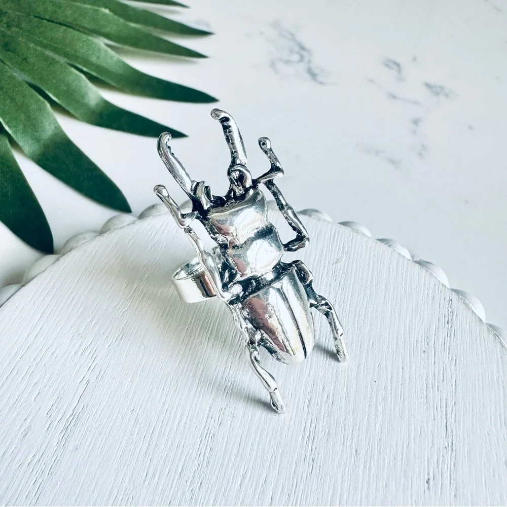 2/$30🌵 Stag Beetle Entomology Antiqued Silver Ring Bug Jewelry NEW Adjustable